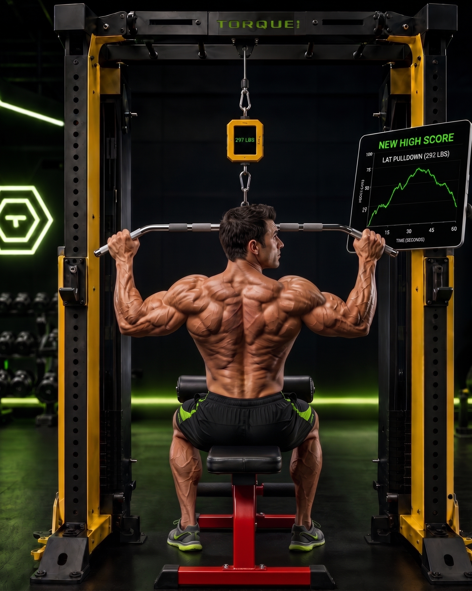 Tindeq workout app lat pull-down setup with Progressor force sensor